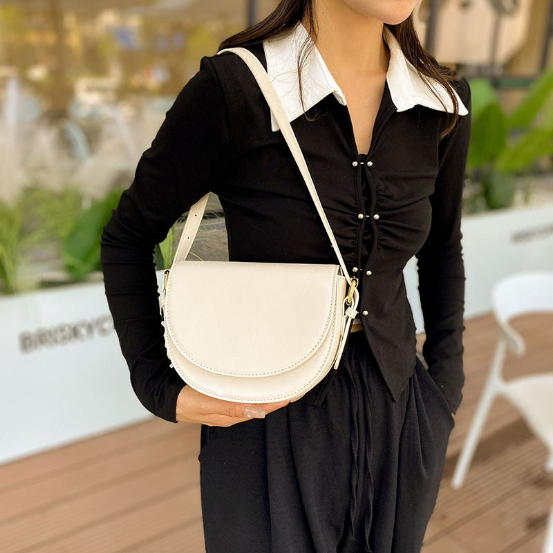 Ielgy Ladies Solid Color Multi-Layered Large Capacity Saddle Bag Shoulder Messenger Bag