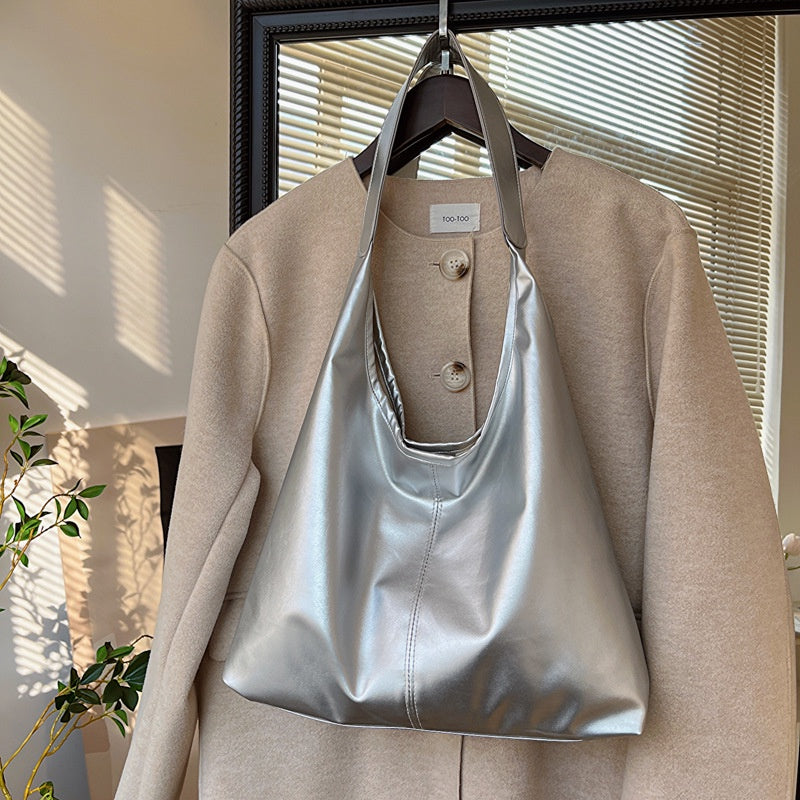 Ielgy Female Bag Simple Shoulder Tote Bag Solid Color Commuter Large Capacity Silver Underarm Fashion Bag