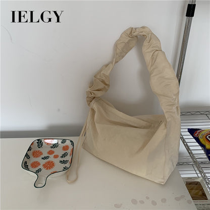 Ielgy Small Fresh Literary Solid Color Ladies Canvas Bag Korean Version One Shoulder Pleated Drawstring Portable Diagonal Casual Bag