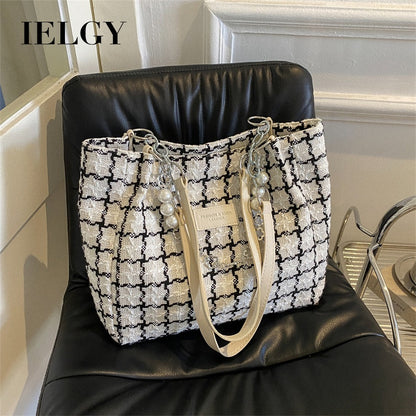 Ielgy Ladies Large-Capacity Commuter Bag Plaid Shoulder Underarm Tote Bag