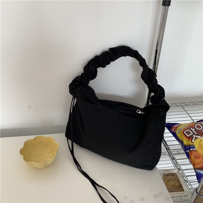 Ielgy Small Fresh Literary Solid Color Ladies Canvas Bag Korean Version One Shoulder Pleated Drawstring Portable Diagonal Casual Bag