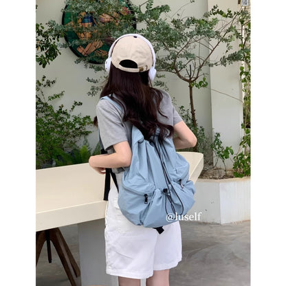 Ielgy Japanese Korean Drawstring Backpack Harajuku Style Large Capacity School Bag Casual All-Match Pleated Nylon Canvas Backpack