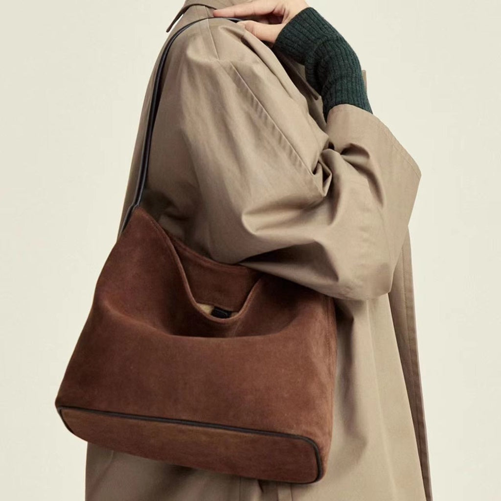 Ielgy Suede Leather Handbag Winter Fashion Old-fashioned Style High-End Lazy Style Tote Bag Retro Large-Capacity Shoulder Bag