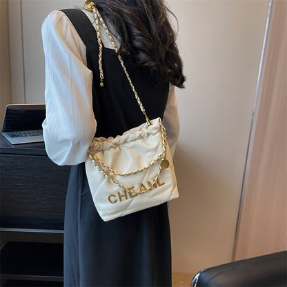 Ielgy Ladies Diamond Chain Bag Trendy Fashion Texture Tote Bag Large Capacity Bucket Bag