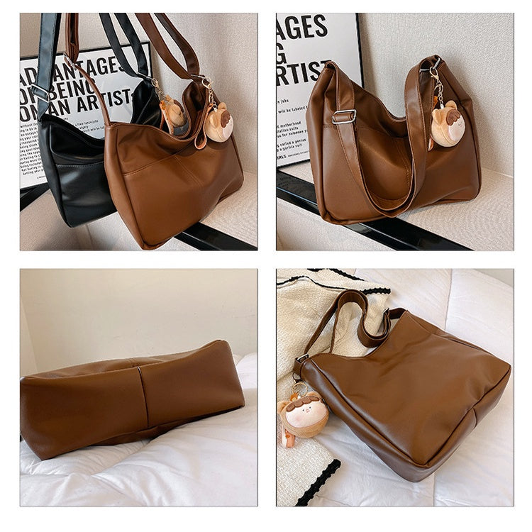 Ielgy Ladies Soft Leather Retro Bucket Bag Large Capacity Cross-body Shoulder Tote Bag (Free Pendant)