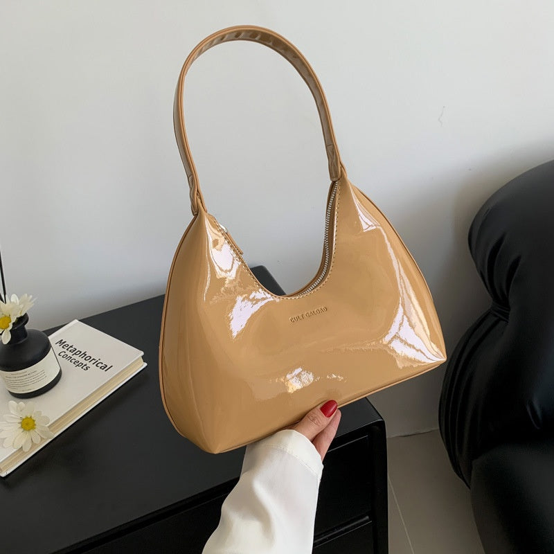 Ielgy Ladies Patent Leather Bag Baguette Crescent Bag Ladies Shoulder Handbag Texture Fashion Underarm Bag