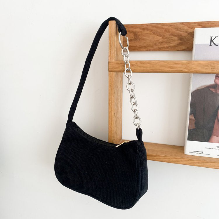 Ielgy Ladies Portable Small Square Bag Plush Shoulder Fashion Retro Corduroy Underarm Baguette Bag