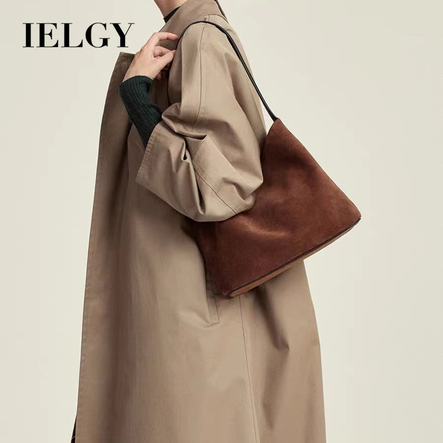 Ielgy Suede Leather Handbag Winter Fashion Old-fashioned Style High-End Lazy Style Tote Bag Retro Large-Capacity Shoulder Bag