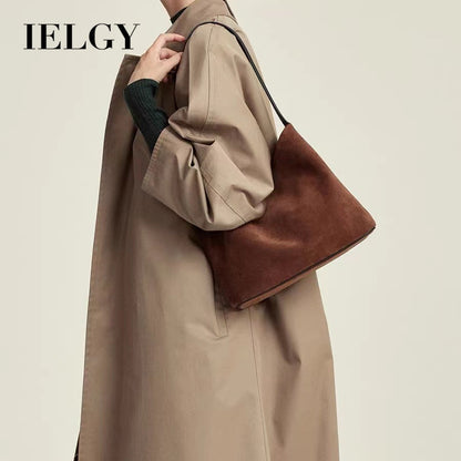Ielgy Suede Leather Handbag Winter Fashion Old-fashioned Style High-End Lazy Style Tote Bag Retro Large-Capacity Shoulder Bag
