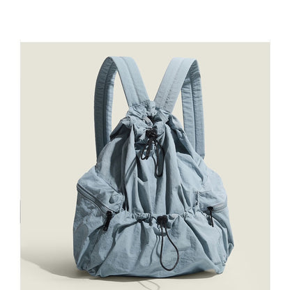 Ielgy Japanese Korean Drawstring Backpack Harajuku Style Large Capacity School Bag Casual All-Match Pleated Nylon Canvas Backpack