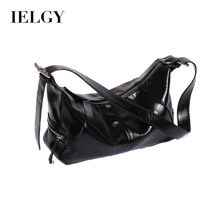 IELGY retro oil wax leather messenger bag, crescent bag, large-capacity versatile single shoulder wide shoulder strap textured women's bag