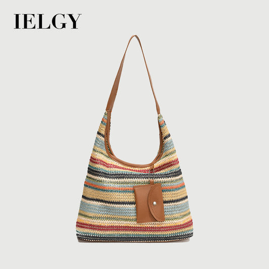 Ielgy Ladies Large-Capacity Hand-Woven Bag Fashion Commuter Tote Bag Vacation Beach Bag