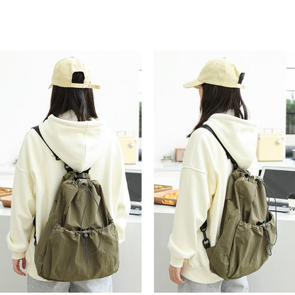 Ielgy Korean Version Casual Literary Canvas Backpack Fashion Nylon Large Capacity School Bag Drawstring Pleated Backpack