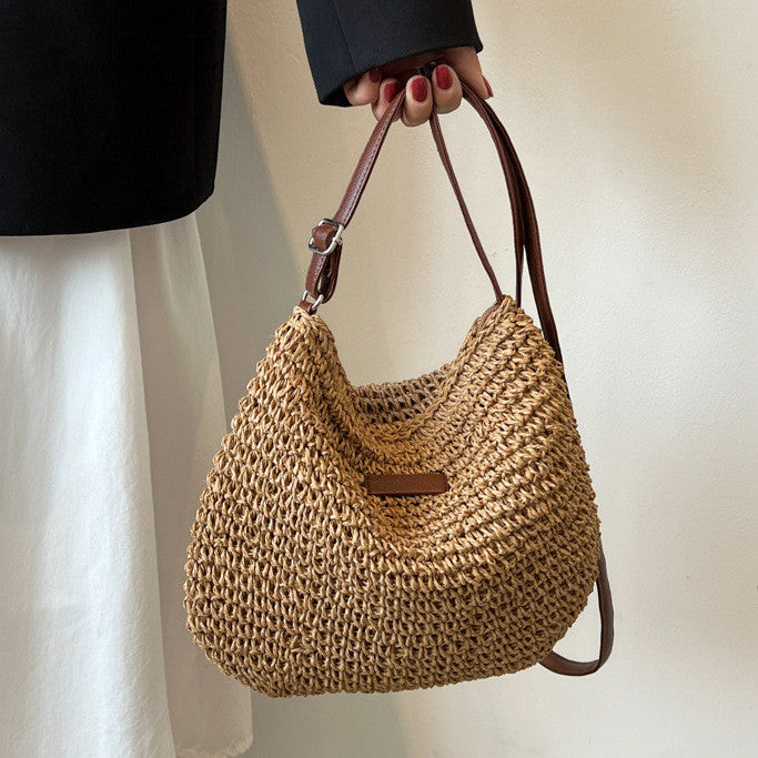 Ielgy Straw Shoulder Bag Korean Fashionable Woven Casual Beach Bag