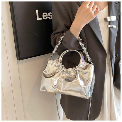 Ielgy Ladies Portable Pleated Bag Chain Silver Crossbody Cloud Bag