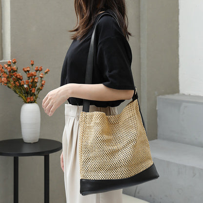 Ielgy Japanese Casual Stitching Child-Mother Bag Vacation Beach Straw Woven One-Shoulder Messenger Fe