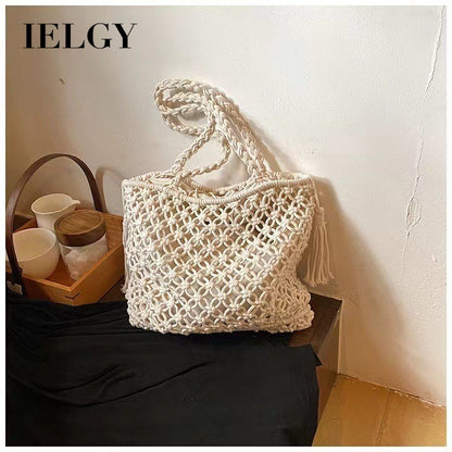 Ielgy Ladies Hollow Cotton Thread Woven Bag One Shoulder Tassel Straw Woven Holiday Style Beach Bag All-Match