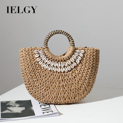 Ielgy Ladies Retro Straw Woven Portable Semicircle Shell Hand-Woven Seaside Vacation Beach Bag