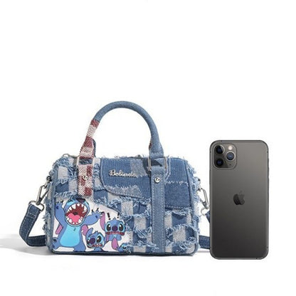 Ielgy Contrast Color Niche Cartoon Stitch Denim Bag Hole Stitching Cross-body Portable Pillow Bag