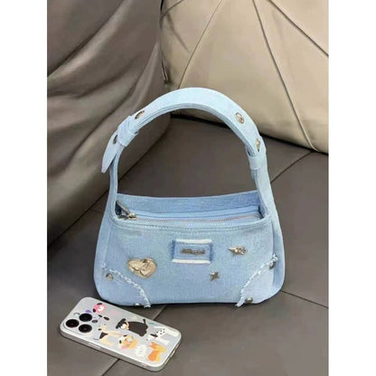 Ielgy Niche Design Metal Star Denim Underarm Small Square Bag Retro Commuter Portable Shoulder Bag