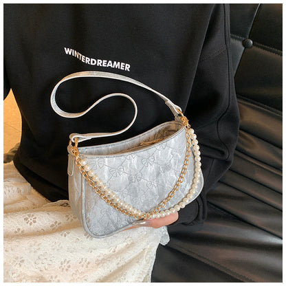 Ielgy Pearl Chain Bag Fashion Underarm Bag All-Match One-Shoulder Messenger Small Square Bag