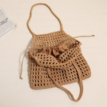 Ielgy Hollow Portable Cotton Thread Woven Bag Leisure Straw Woven Holiday Style Beach Bag All-Match Female Bag