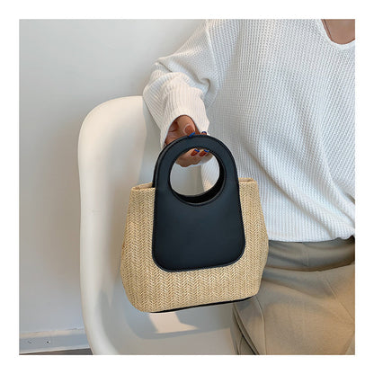 Ielgy Ladies Retro Contrast Color Stitching Straw Bag Large Capacity Hand-Woven Bag Simple Fashion One-Shoulder Handba