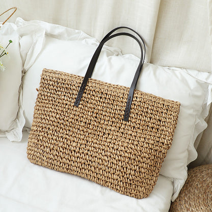 Ielgy Summer Pastoral Style Woven Beach Bag Leisure Seaside Vacation Portable Female Bag Large Capacity Straw Woven