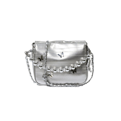 Ielgy Simple Fashion Bucket Female Bag Silver Shoulder Messenger Bag Drawstring Butterfly Eel Portable Small Square Bag