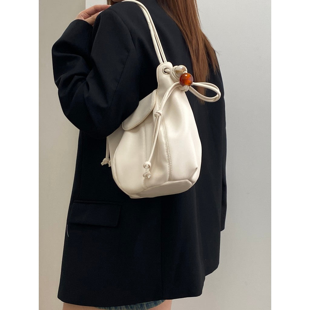 Ielgy Ladies White Simple All-Match Preppy Style High-End Bucket Shoulder Messenger Bag