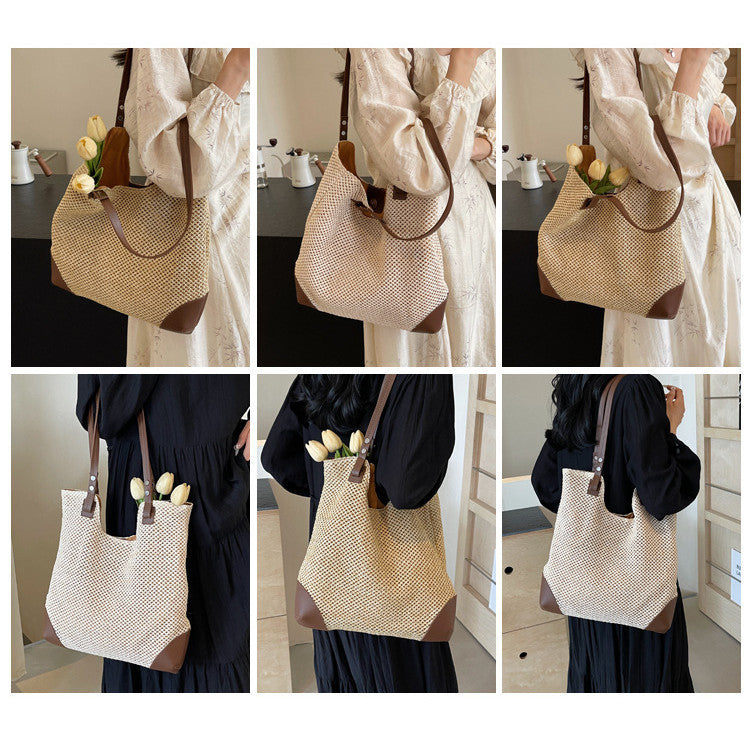 Ielgy Ladies Hand-Woven Straw Woven All-Match Large-Capacity Retro One-S