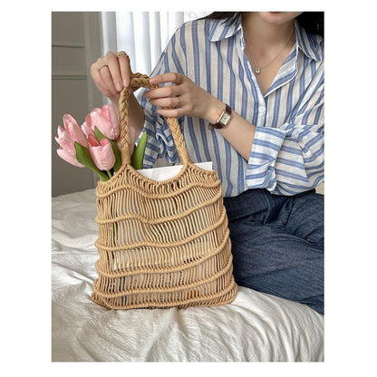 Ielgy Korean Version Retro Hollow One-Shoulder Cotton Thread Woven Bag Lazy Style Portable Straw Seaside Vacation Beach Bag