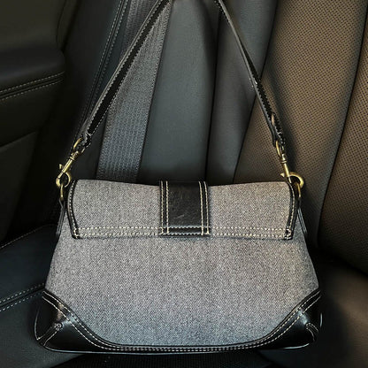 Ielgy Ladies Denim Underarm Bag High-End Texture Niche Commuter Retro Stitching Shoulder Handbag