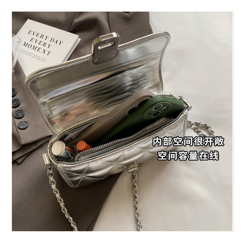 Ielgy Ladies Diamond Chain Bag Shoulder Crossbody Silver Small Golden Ball Adjustable Texture Small Square Bag