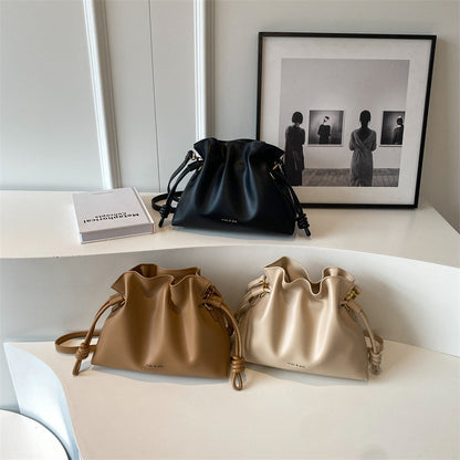 Ielgy Female Bag Fashion Simple Drawstring Lucky Bag Bag One Shoulder Crossbody Large Capacity Bucket Bag Hand-Carrying Pleated Bag