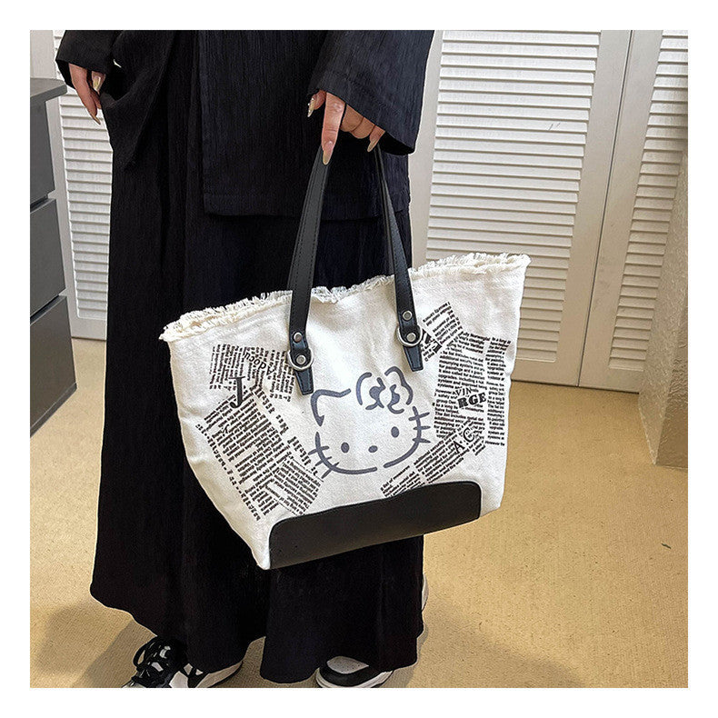 Ielgy Letter Tassel Canvas Bag Ladies Large-Capacity Simple Commuter Student One-Shoulder To