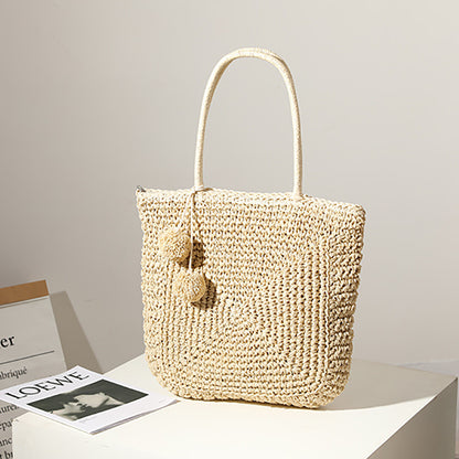 Ielgy Cute Fur Ball Straw Bag All-Match Large-Capacity Hand-Woven One-Shoulder Portable Be