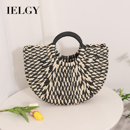 Ielgy Niche Semicircle Portable Straw Bag Retro Color Hand-Carrying Woven Seaside Vacation Beach Bag
