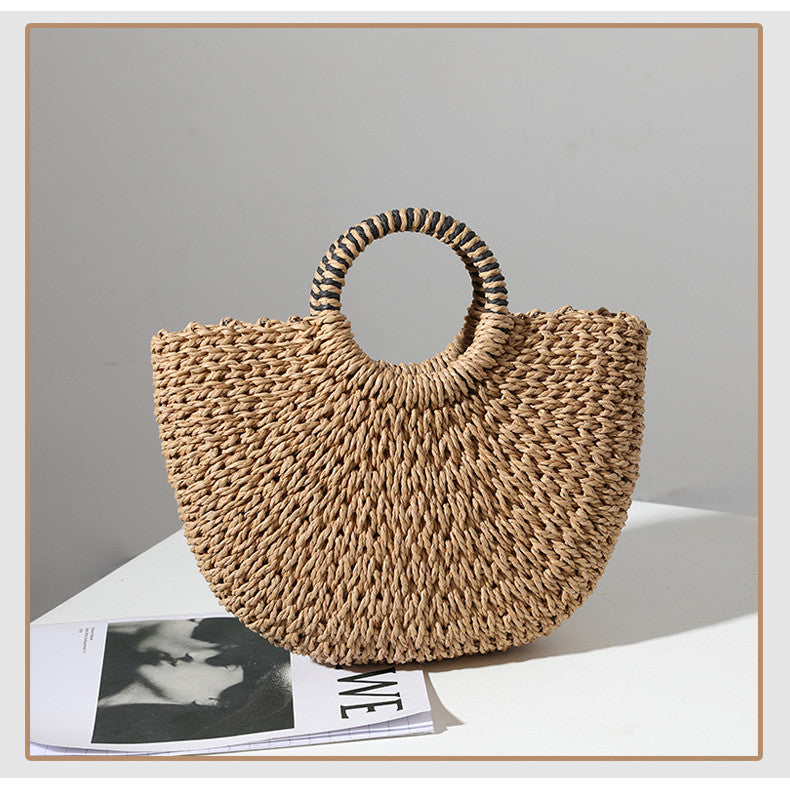 Ielgy Ladies Retro Straw Woven Portable Semicircle Shell Hand-Woven Seaside Vacation Beach Bag