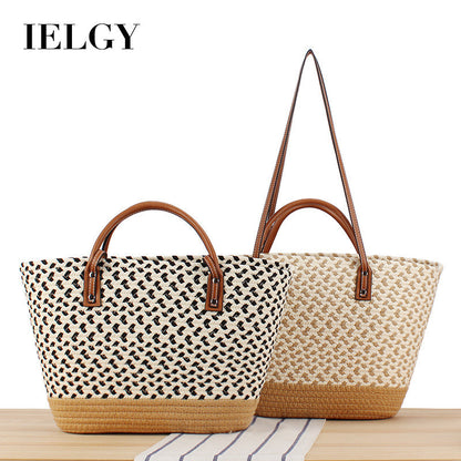 Ielgy Bohemian Style Hand-Woven Bag Seaside Vacation Travel Straw Woven Large Capacity Leisure Simple Commuter Female Bag