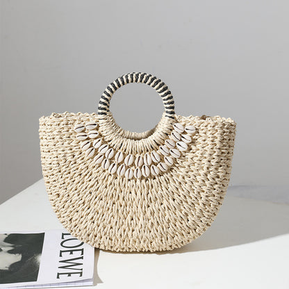Ielgy Ladies Retro Straw Woven Portable Semicircle Shell Hand-Woven Seaside Vacation Beach Bag