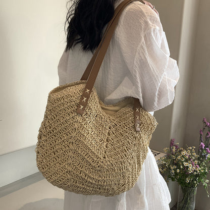 Ielgy One-Shoulder Messenger Large-Capacity Straw Woven Retro Woven Crossbody Bag