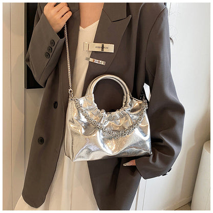 Ielgy Ladies Portable Pleated Bag Chain Silver Crossbody Cloud Bag
