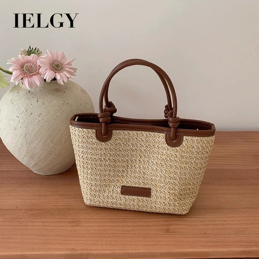Ielgy Beach Style Portable Woven Small Bag Shoulder Cross-body Vegetable Basket Bucket Straw Bag