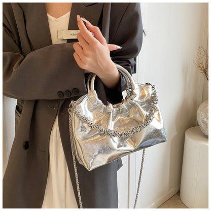 Ielgy Ladies Portable Pleated Bag Chain Silver Crossbody Cloud Bag