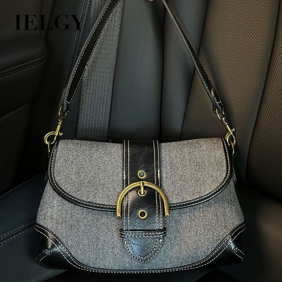 Ielgy Ladies Denim Underarm Bag High-End Texture Niche Commuter Retro Stitching Shoulder Handbag