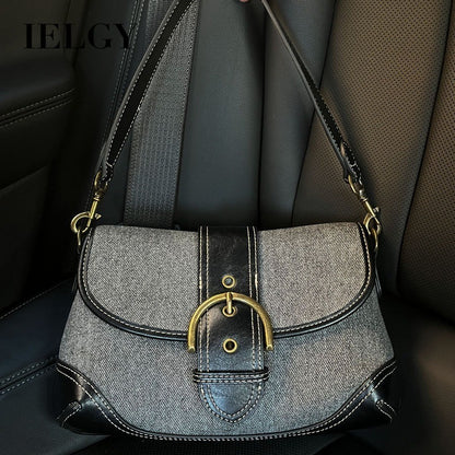 Ielgy Ladies Denim Underarm Bag High-End Texture Niche Commuter Retro Stitching Shoulder Handbag