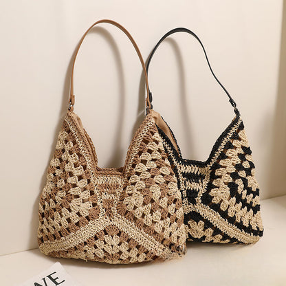 Ielgy Straw Hollow Contrast Color Woven Bag Vacation Beach Bag