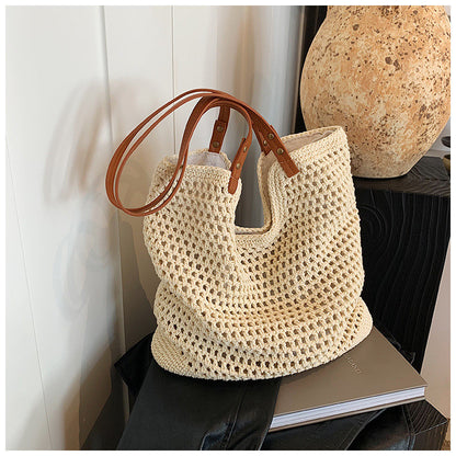 Ielgy Ladies Large-Capacity One-Shoulder Cotton Thread Woven Bag Hollow Mesh Pattern Tote Bag Seaside V