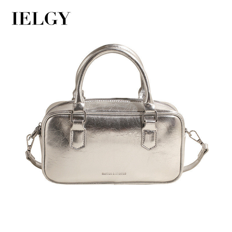 Ielgy Ladies High-End Boston Pillow Handbag Casual All-Match Silver Messenger Bag